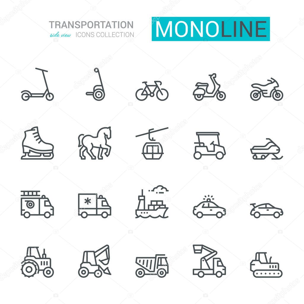 Transportation Icons, side view, part I.  Monoline concept