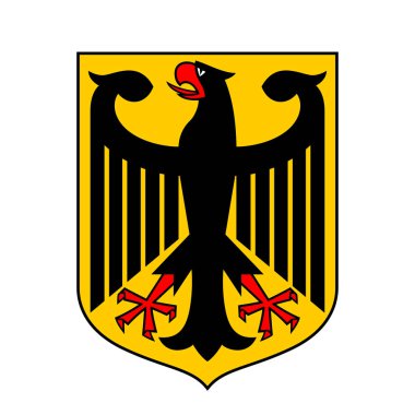 Beyaz arka planda Almanya 'nın arması. Bundeswappen veya Federal Kartal, eski adıyla Reichsadler veya Imperial Eagle. Kırmızı gagalı, kırmızı dilli ve kırmızı ayaklı siyah kartal. Vektör İllüstrasyonu. 