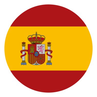 Beyaz arka planda armalı İspanya bayrağı düğmesi. Vektör İllüstrasyonu. 