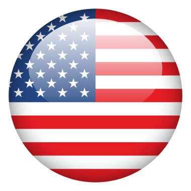 Beyaz arka planda parlak düğme şeklinde Birleşik Devletler bayrağı. Çember Düğme Simgesi Bayrağı. Vektör İllüstrasyonu. 