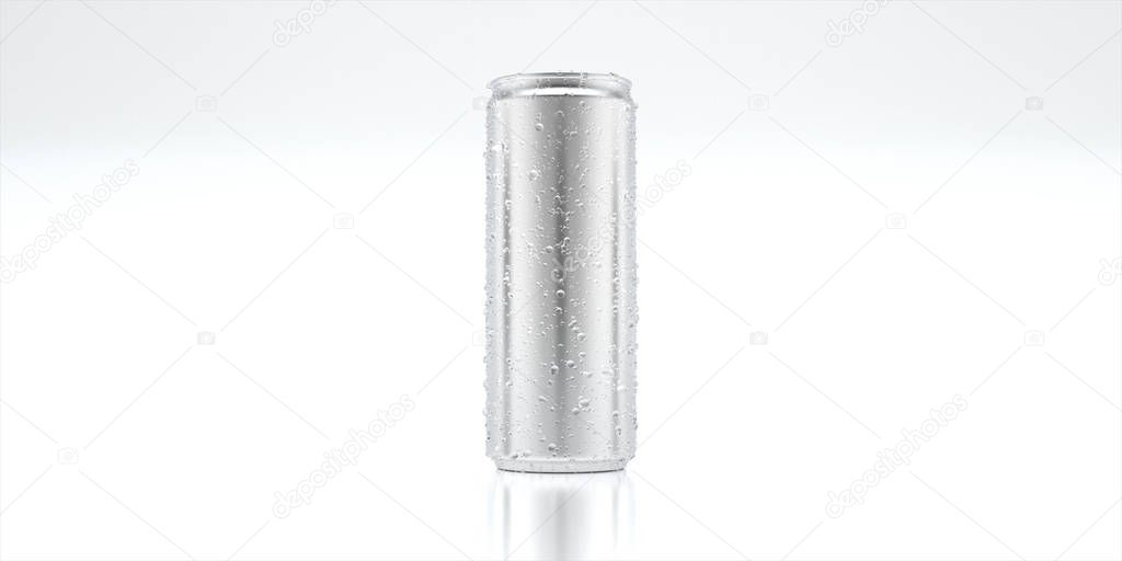 Mockup aluminum can  with water droplet on surface can isolated on white background. Empty can packing. 3d rendering.