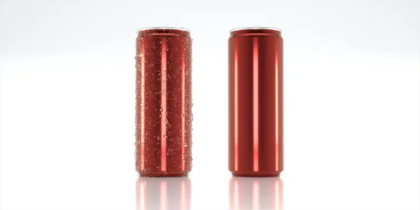 Mockup Lata Aluminio Rojo Con Gotitas Agua Superficie Puede Aislar — Foto de Stock