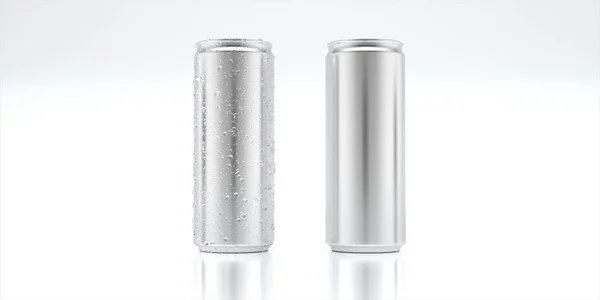 表面に水滴が付いているモックアップアルミニウム缶は白い背景に隔離することができる 空の缶を梱包します レンダリング — ストック写真