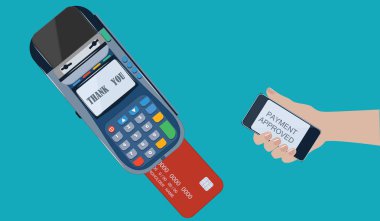 Ödeme eklenen kredi kartı - el telefon - düz stil ile - sanat vektör terminal