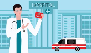 -Hastane - ambulans - Caduceus arması - sanat vektör doktor. Gece gündüz tıbbi bakım kavramı