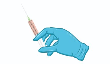 Medikal eldiven - beyaz arka plan üzerinde - sanat vektör izole elinde şırınga
