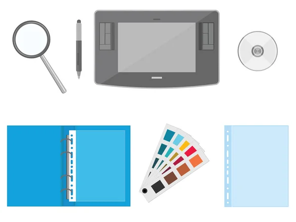 Set Pour Designer Tablette Graphique Loupe Dossier Pour Fichiers Couleurs — Image vectorielle