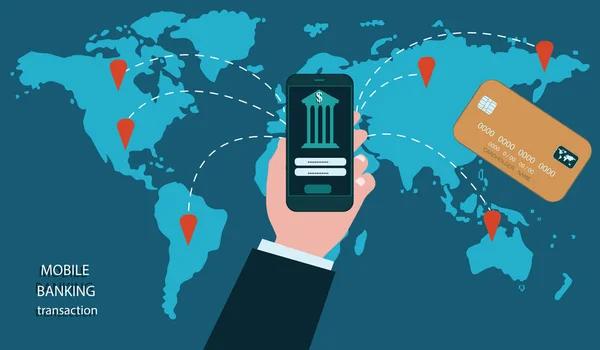移动银行交易 手持智能手机 银行卡 蓝色背景世界地图 艺术矢量插图 — 图库矢量图片