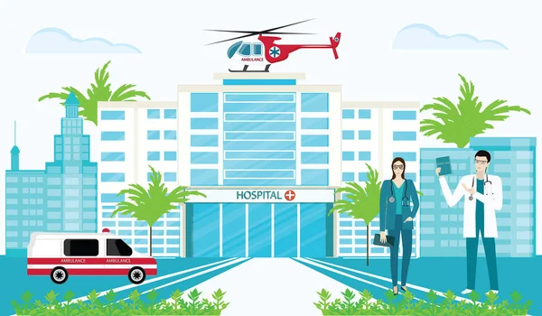 Hospital Médicos Ambulancia Emergencia Automóviles Helicópteros Paisaje Urbano Vector Arte — Archivo Imágenes Vectoriales