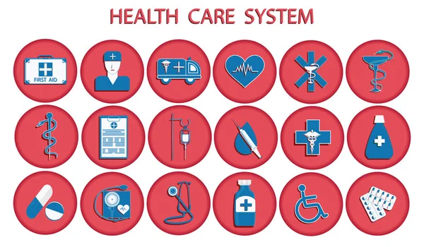 Set Icone Sanitarie Assistenza Medica Pronto Soccorso Colore Forma Rotonda — Vettoriale Stock