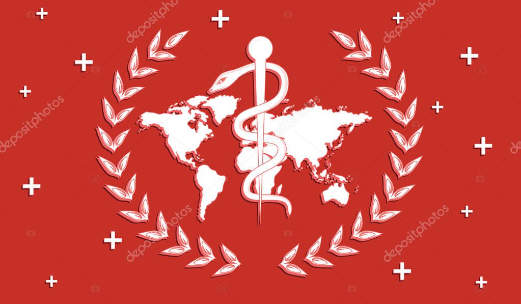 Healthcare - symbol - laurel wreath, world map, Staff and snake - white color on green background - isolated - flat style - vector