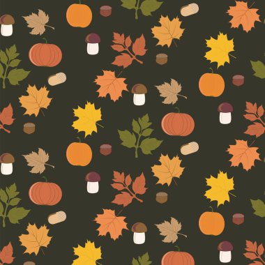 Sonbahar desen - parlak yaprakları, kabak, mantar, fındık - koyu arka plan - vektör
