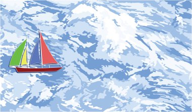 Dalgalar deniz, çok renkli bir yatta - düz stil - sanat illüstrasyon - vektör yelken.