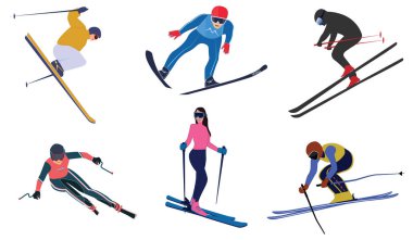 Kayakçı, sporcular renkli elbiseli - beyaz arka plan - düz stil - vektör izole bir dizi