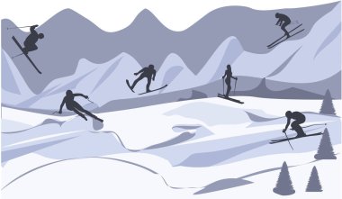 Kayakçı - dinlenme dağlarda - stil - illüstrasyon, vektör düz. Kış sporları