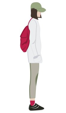Profilde bir kap, ceket, pantolon, spor ayakkabı - izole üzerinde beyaz arka plan - düz stil - bir sırt çantası ile modern şık kız vektör