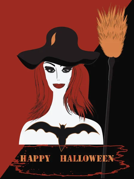 Feliz Halloween Mujer Interesante Con Pelo Rojo Sombrero Negro Murciélago — Vector de stock