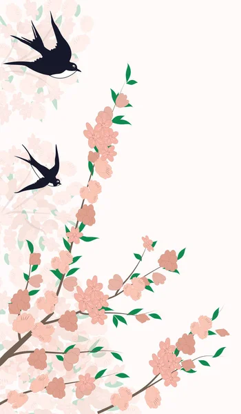 Spring Background Flowering Branch Tree Swallows Flat Style Vector — Stock Vector