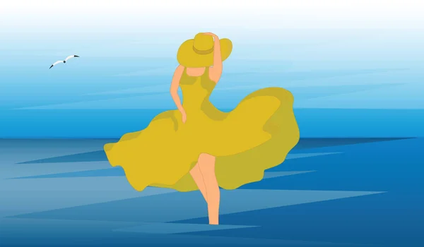 海洋夏天风景 妇女在帽子和明亮的黄色夏天礼服站立在水 艺术向量 — 图库矢量图片