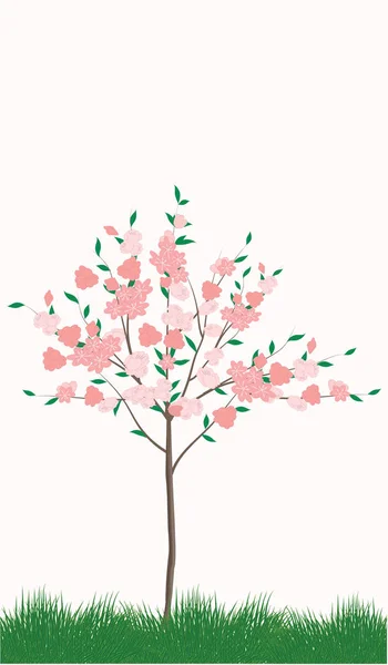 Árbol Con Flores Hojas Hierba Verde Estilo Plano Aislado Sobre — Vector de stock