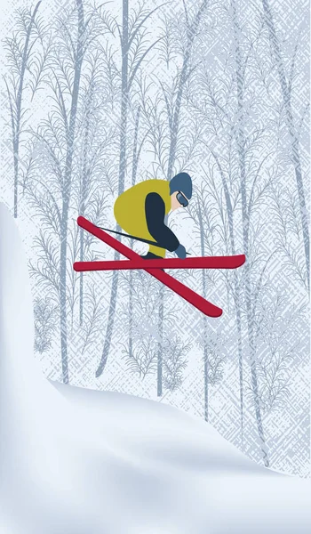 Skiër Een Besneeuwde Forest Vector Kunst Illustratie Wintersport — Stockvector