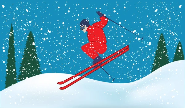 Лыжник Сугробы Еловые Леса Снегопады Голубой Фон Векторная Иллюстрация — стоковый вектор