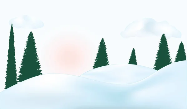 Winterlandschap Sneeuwlaag Fir Bos Wolken Zon Licht Blauwe Achtergrond Kunst — Stockvector