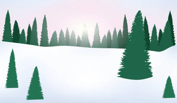 Morgen Winterwald Weihnachtsbäume Und Große Schneeverwehungen Vektorillustration — Stockvektor