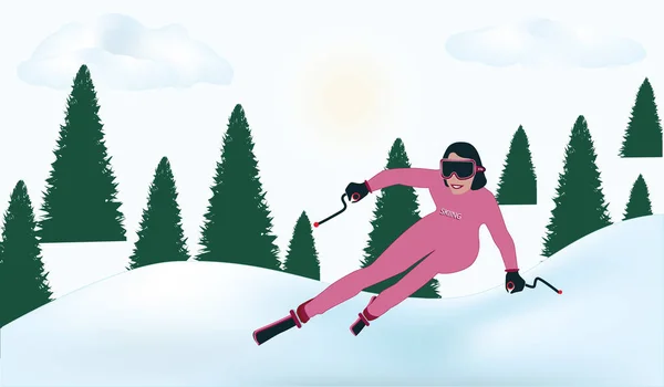 Ski Walk Snowy Forest Girl Smile Cheerful Drifts Sun Clouds — Stock Vector