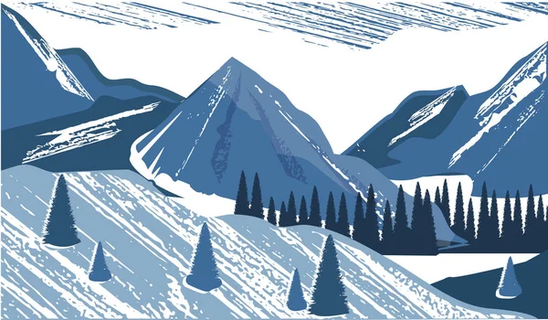 Winter Landschap Abstract Witte Blauwe Achtergrond Vlakke Bergstijl Vector Kunst — Stockvector