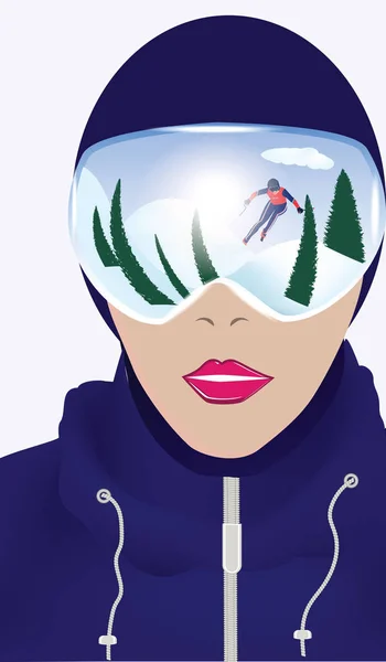 Girl Ski Goggles Reflection Mountains Snow Skier Vector Art Winter — Stock Vector