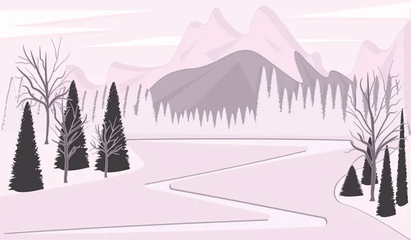 Abstract Mountain Landscape Fir Trees Pink Background Flat Style Vector — Stock Vector