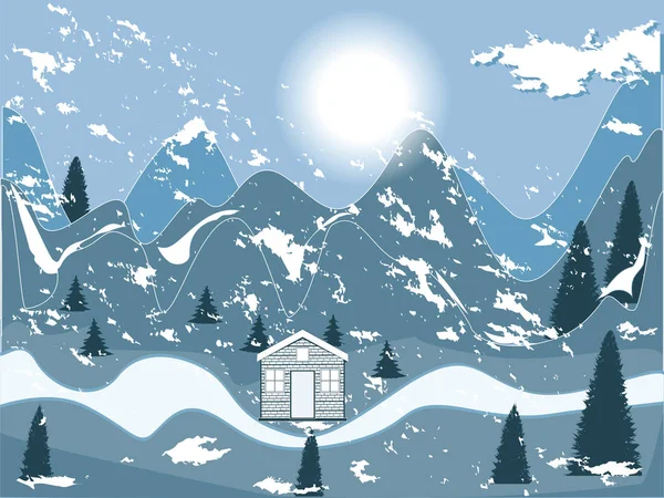 Winter Landscape House Mountains Sun Cloud Falling Snow Blue Background — Stock Vector