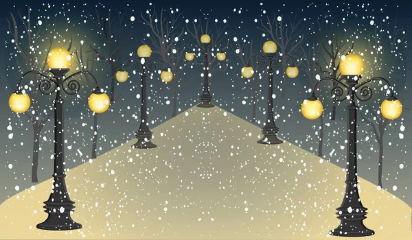 Зима Ніч Парк Алея Лампочки Падаючий Сніг Векторні Ілюстрації — стоковий вектор