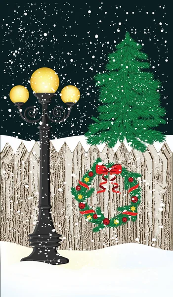 Winter Nacht Laternenpfahl Zaun Weihnachtskranz Baum Schnee Schneeverwehungen Vektorillustration — Stockvektor