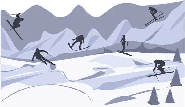 Лыжники Отдых Горах Плоский Стиль Иллюстрация Вектор Зимние Виды Спорта — стоковый вектор