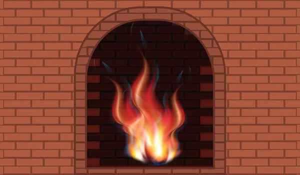 Fire Bright Red Brick Fireplace Art Illustration Vector — Stock Vector