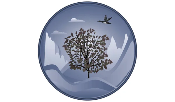 Evening Moon Tree Leaves Mountains Sky Clouds Flying Bird Icon — Stock Vector