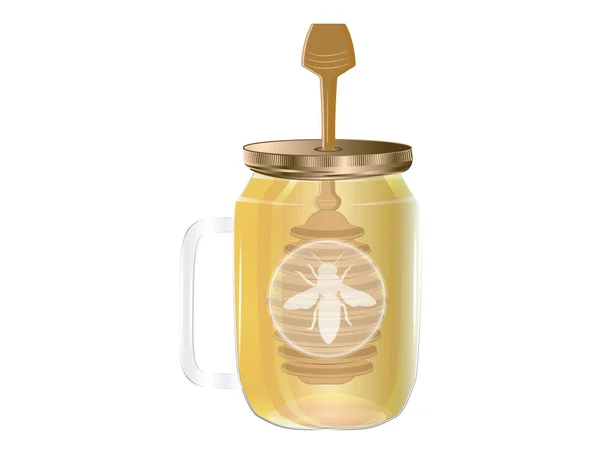 Honing Een Glazen Pot Met Handvat Deksel Scoop Geïsoleerd Een — Stockvector