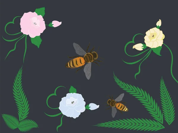 Abeilles Fleurs Sauvages Avec Bourgeons Branches Vertes Illustration — Image vectorielle