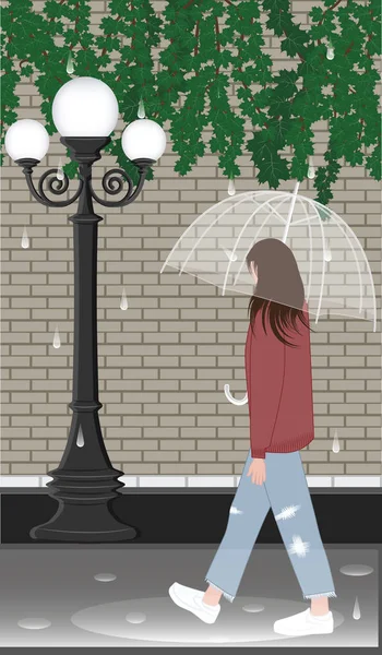 Fille Avec Des Promenades Parapluie Long Mur Briques Lampadaire Branches — Image vectorielle