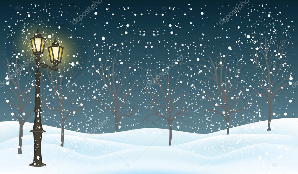 Winter night landscape - street light, snowfall, trees, drifts - art vector illustration