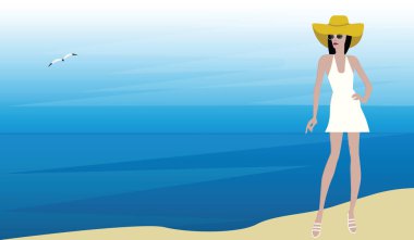 Deniz - kız bir şapka, güneş gözlüğü, yaz sundress - illüstrasyon vektör tatil