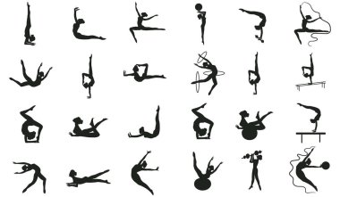 Fitness ayarla, pilates, yoga, meditasyon - yirmi dört germe egzersizleri, yüzük, teyp, top - detaylı - vektör