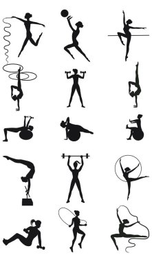 Spor - on beş kız siluetleri ile şerit, hoop, top, ip atlama - detaylı - vektör kümesi. Fitness Yoga. Pilates