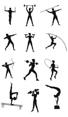Ayarla - atletizm, sporcuların - Yüzükler, paralel bar, bir kutup, halter, on iki siluetleri mızrak - detaylı - vektör