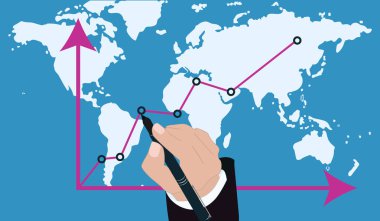 Finansal başarı kavramı. Erkek el berabere bir işaretleyici arka planı iş geliştirme Dünya Haritası - vektörel.