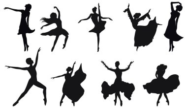 Dansçılar silhouettes - dokuz kadın figürleri - izole üzerinde beyaz arka plan - vektör ayarla