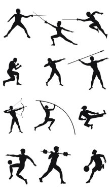 Spor ayarla - on iki erkek silhouettes - eskrim, atletizm, futbol, halter, karate - detaylı - vektör