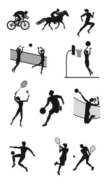 Ayarla - siluetleri sporcuların farklı spor - binici, bisikletçi, voleybolcu, basketbolcu, tenis oyuncu - detaylı - vektör